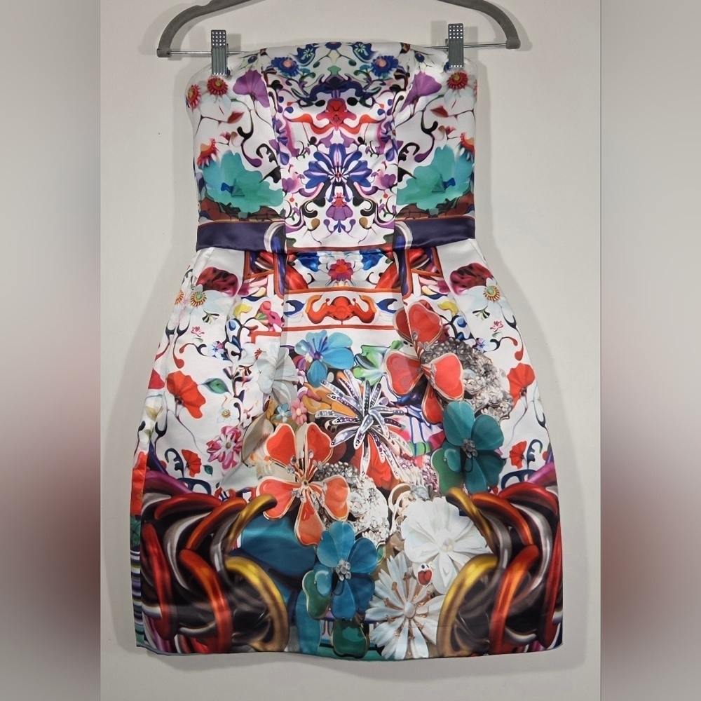 RARE MARY KATRANTZOU X TOPSHOP CARNIVAL PRINT STRAPLESS DRESS.
